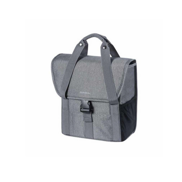 Basil Go, enkele fietstas voor achterop, hoogwaardig materiaal, hoofdcompartiment met aansnoerkoord, dubbele elastische zijvakken, handgrepen, Hook On-system in ritsvak, dubbele en extra reflectie, 16L, grey melee - AE-trading