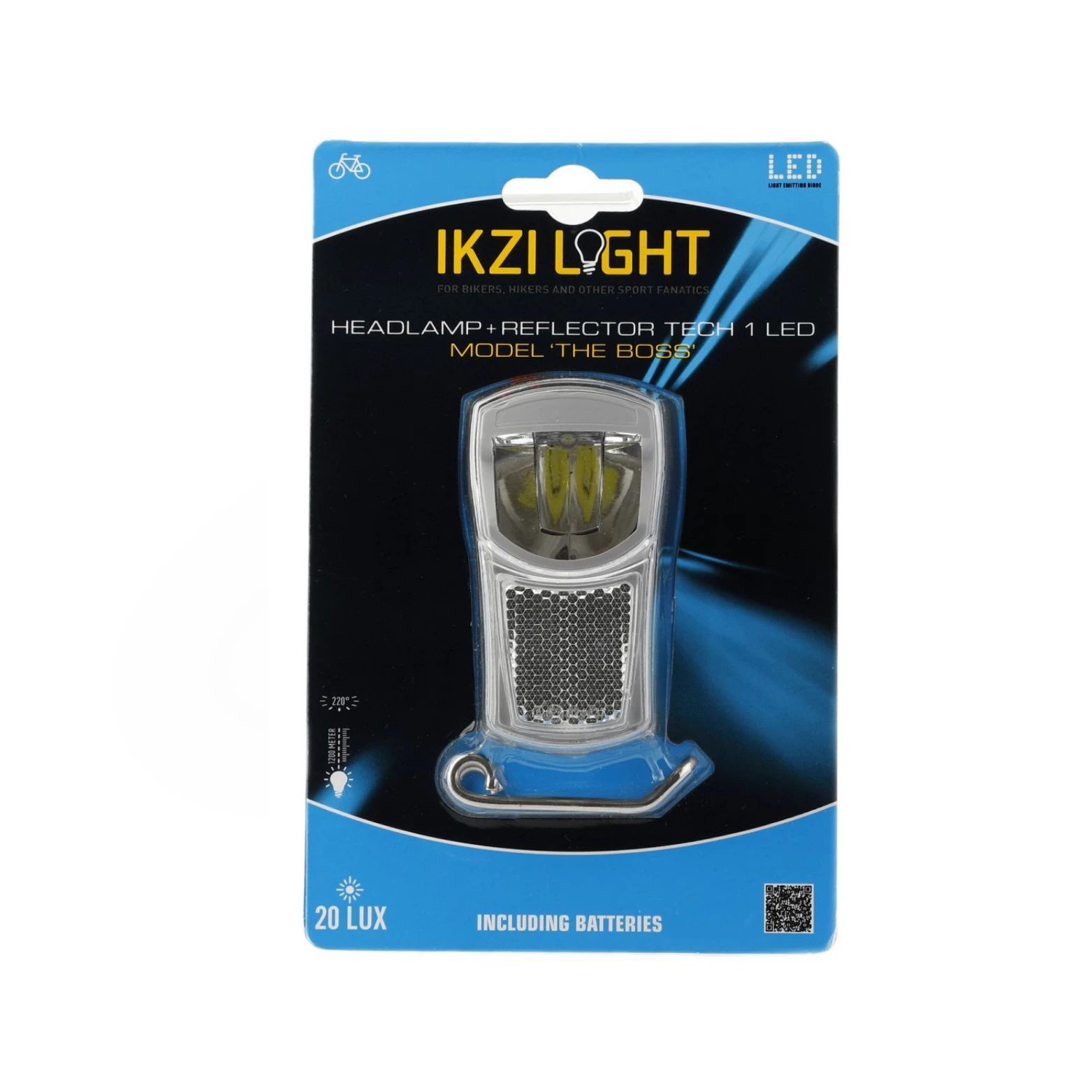 Ikzilight koplamp The Boss, 1 witte led 20LUX. incl bracket en batterijen (hangverpakking) - AE-trading