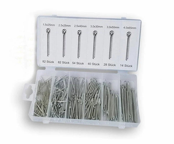 Splitpen assortiment, 300 stuks in opbergbox. bestaande uit: 82x 1,5x25mm, 2,5x25mm, 54x 2,5x40mm, 40x 30x30mm, 28x 3x50mm, 14x 4x65mm - AE-trading