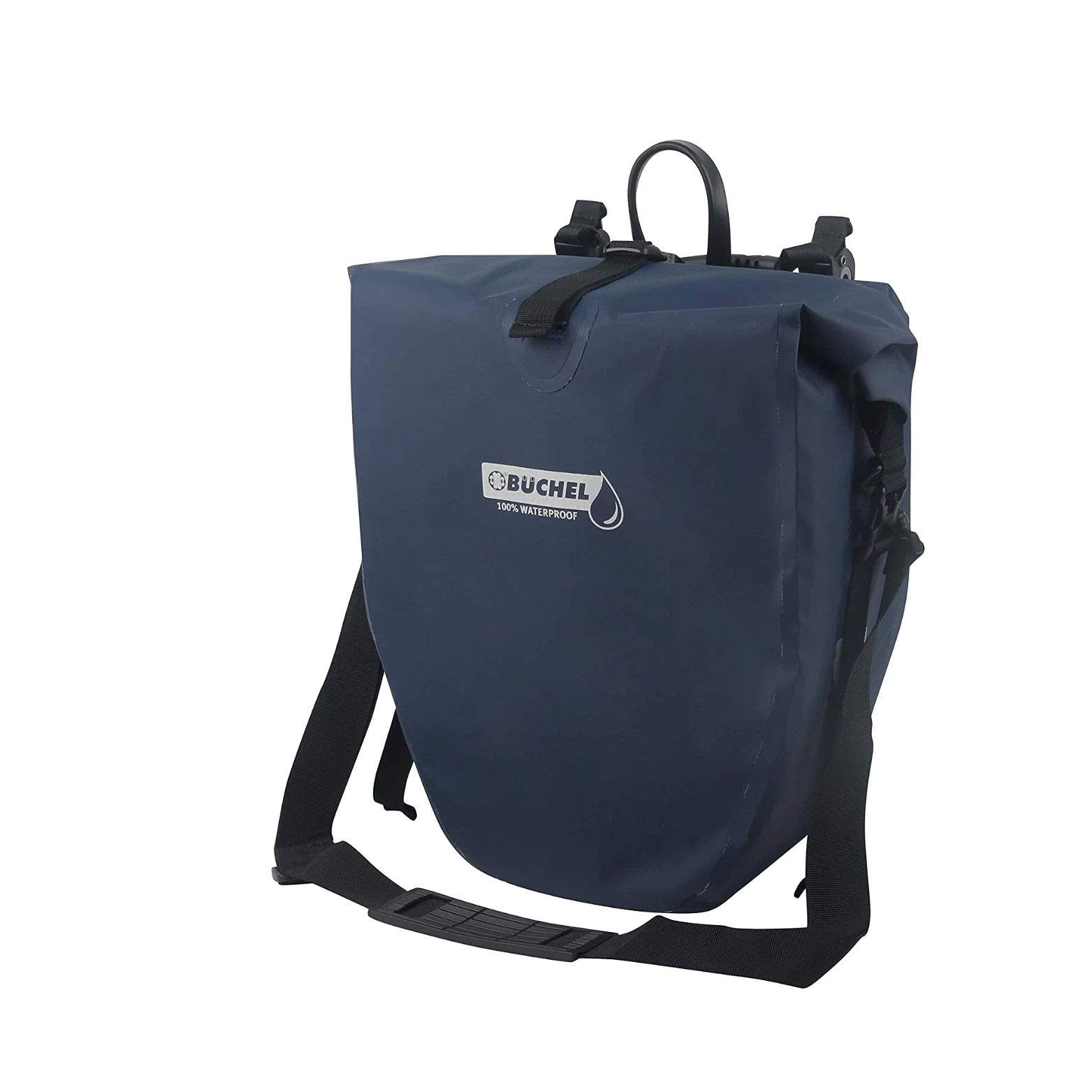 Büchel enkele tas,100% waterdicht. Waterdichte rits. afmetingen: 56,5 x 30 x 15 cm. Volume: 25,4L incl. Haaksysteem voor aan de bagagedrager. kleur  Dress Blue AE-trading