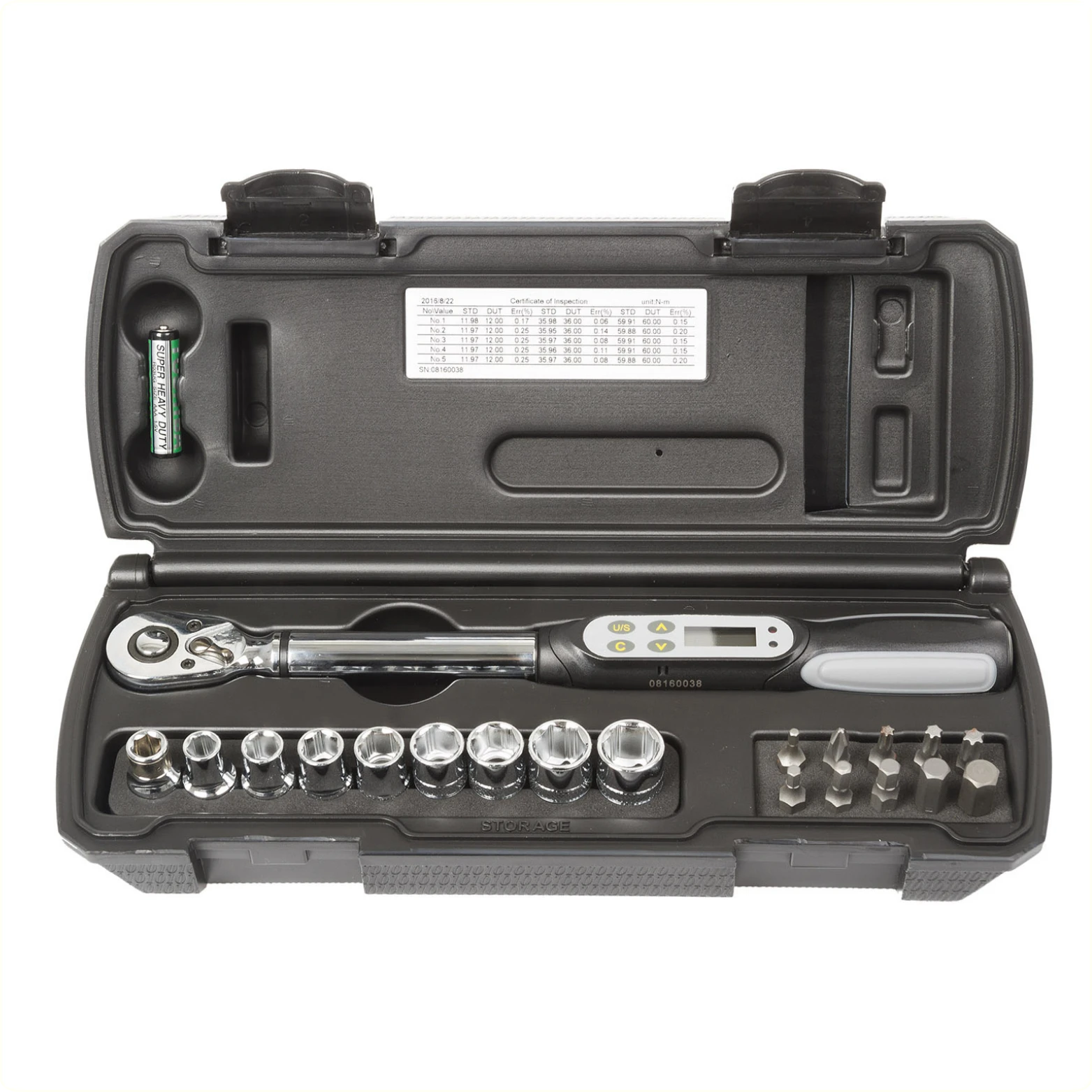 M-Wave digitale Momentsleutel, instelbaar 3~60Nm, voor 3/8" aansluiting. 20 delig, inclusief doppenset, Torx / inbus bitjes en kunststof opbergkoffer - AE-trading