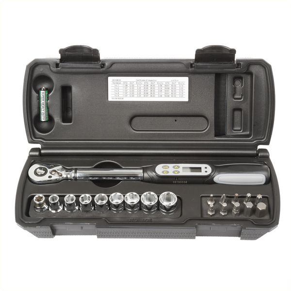 M-Wave digitale Momentsleutel, instelbaar 3~60Nm, voor 3/8" aansluiting. 20 delig, inclusief doppenset, Torx / inbus bitjes en kunststof opbergkoffer - AE-trading