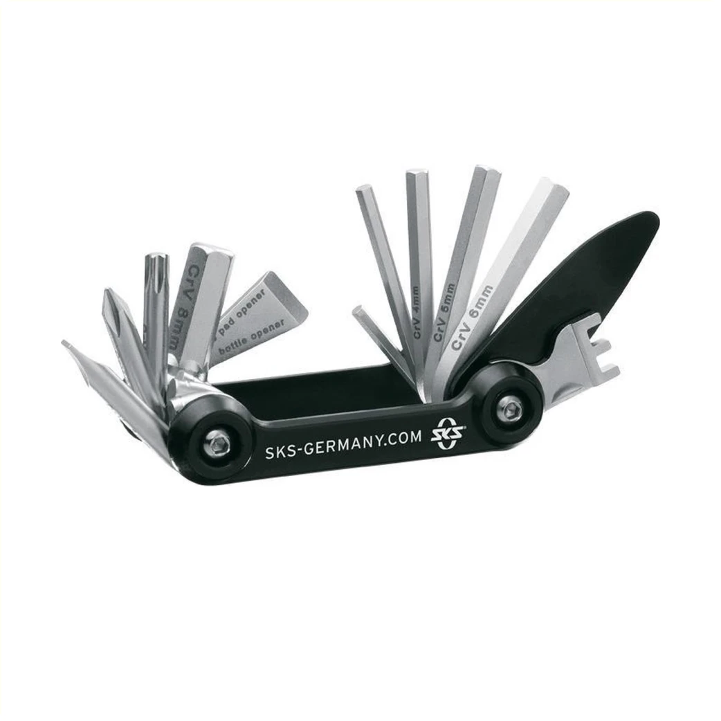 SKS TOM 14 Multi tool. 14 functies o.a inbussleutel, schroevendraaier, torx-sleutel, bandenlichter, spaaksleutel en dophefboom/remblokopener. RVS en neopreen etui.79x39x20mm, 129gr. AE-trading