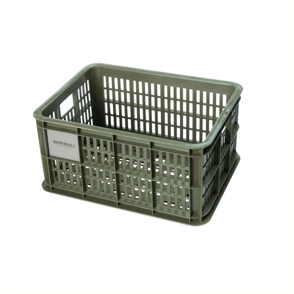 Basil krat S gerecycled kunststof, klein formaat, incl. kratclicker, geschikt voor MIK, Racktime, IRack, MonkeyLoad en AtranVelo platen (apart verkrijgbaar), excl. bev .materiaal, max. gewicht afhankelijk van max. toelaatbaar gew. drager, Mosgroen 17.5... - AE-trading