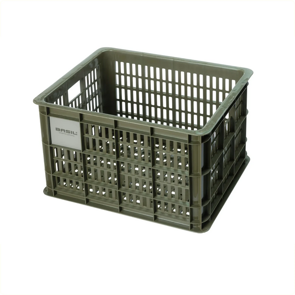 Basil krat M gerecycled kunststof, klein formaat, incl. kratclicker, geschikt voor MIK, Racktime, IRack, MonkeyLoad en AtranVelo platen (apart verkrijgbaar), excl. bev .materiaal, max. gewicht afhankelijk van max. toelaatbaar gew. drager, Mosgroen 29L ... - AE-trading