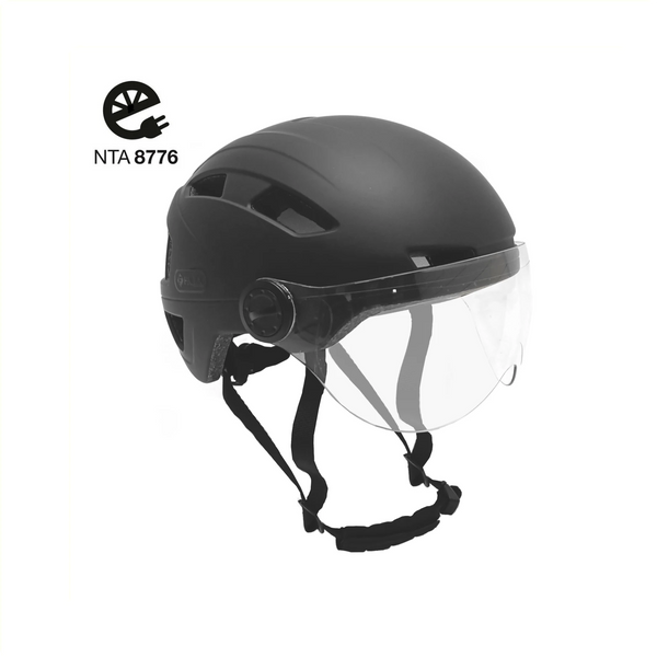FALKX Helm met vizier, maat S 51-54cm mat zwart. NTA 8776 goedgekeurd. Voorzien van makkelijke draaisluiting en usb oplaadbaar LED achterlicht - AE-trading