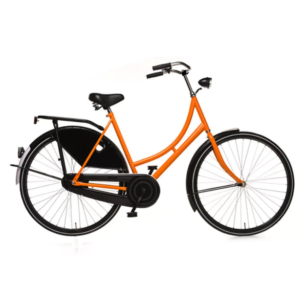Avalon Oma Export D57cm. Kleur: oranje. Uitvoering: remnaaf. Met oa: witte lijn banden, zwarte alu 635 velgen, linnen jasbeschermers, spaak 13 , Hesling kettingkast, Thun trapas, Humpert stuur , MADE IN HOLLAND. - AE-trading