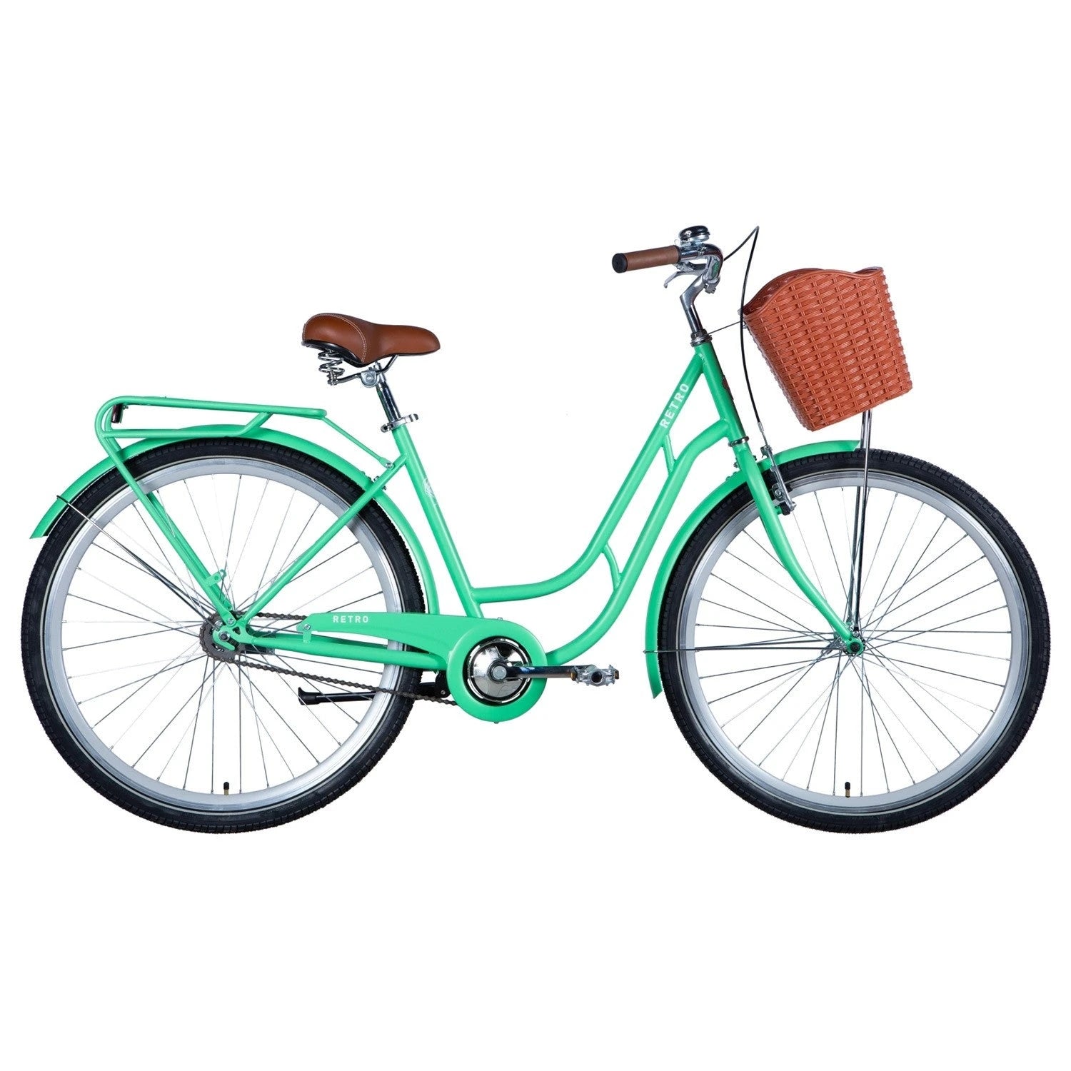 Retrofiets 28", stalen 50cm frame, met mand, lichtgroen, velgrem voor (zonder slot en verlichting) AE-trading