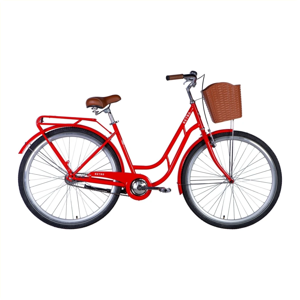 Retro 28" fiets, 50cm stalen frame, met remnaaf en mand, rood, velgrem voor, zonder slot en verlichting AE-trading