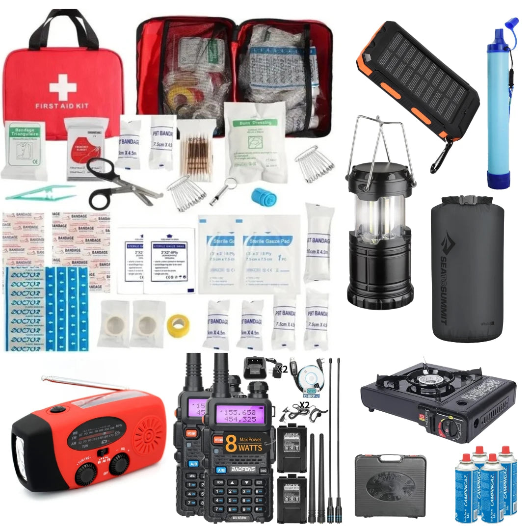 Noodpakket Compleet - Walkie Talkie - Waterfilter - Opbergzak - Solar Powerbank - Gasfornuis - Nood Radio - EHBO-kit - Isolatiedeken - AE-trading
