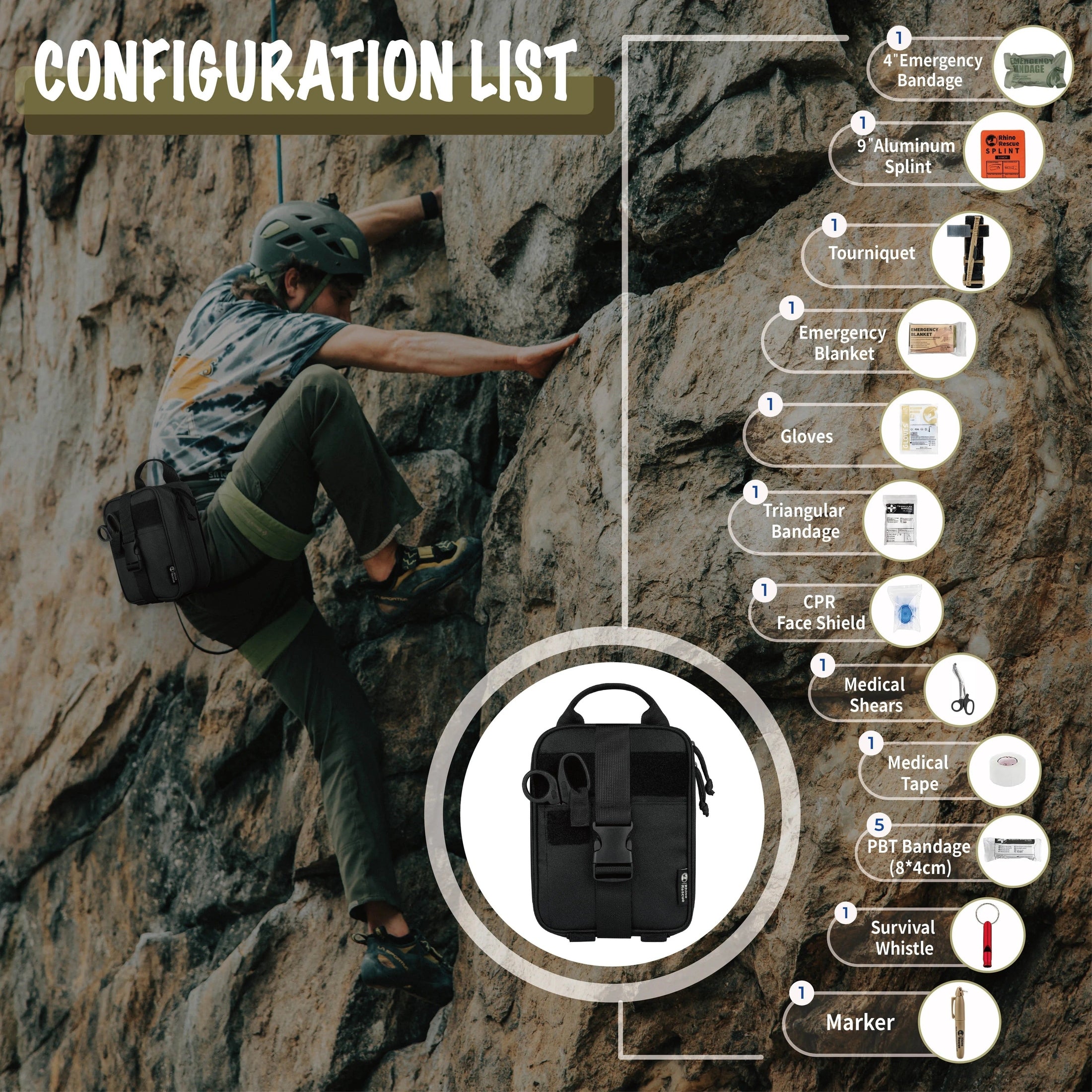 Noodpakket - Rhino EHBO Survival Kit: IFAK Pouch met 20 EMT-items voor Noodgevallen