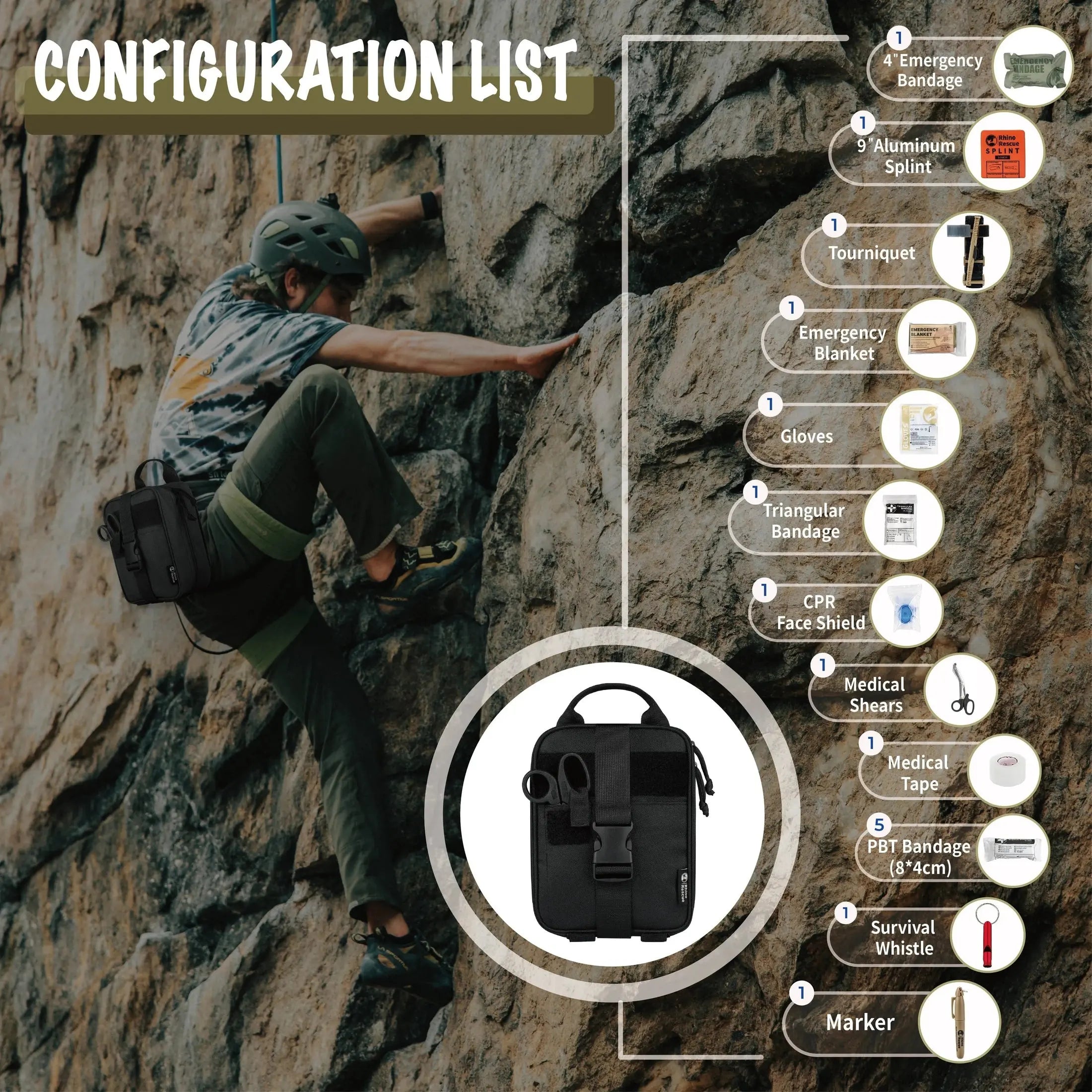 Noodpakket - Rhino EHBO Survival Kit: IFAK Pouch met 20 EMT-items voor Noodgevallen - AE-trading