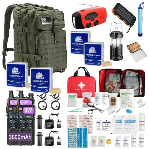 Noodrugzak Compleet Noodpakket Communication Edition Rampsituatie - Groen - Noodrantsoen - Waterfilter - Noodradio - EHBO Kit - Black Out Solar - Solar Powerbank - Walkie Talkie Set - Eco Firelighters - AE-trading