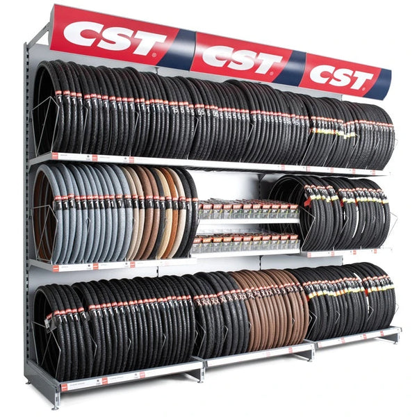 CST bandenschap Optie 4 met ruimte voor ongeveer 200 buiten- en 240 binnenbanden. Hoogte: 250cm, breedte: 300cm, diepte: 77 cm. Incl 3 rollen buitenbanden naar keuze, Vraag onze vertegenwoordigers voor meer informatie of plaatsing - AE-trading