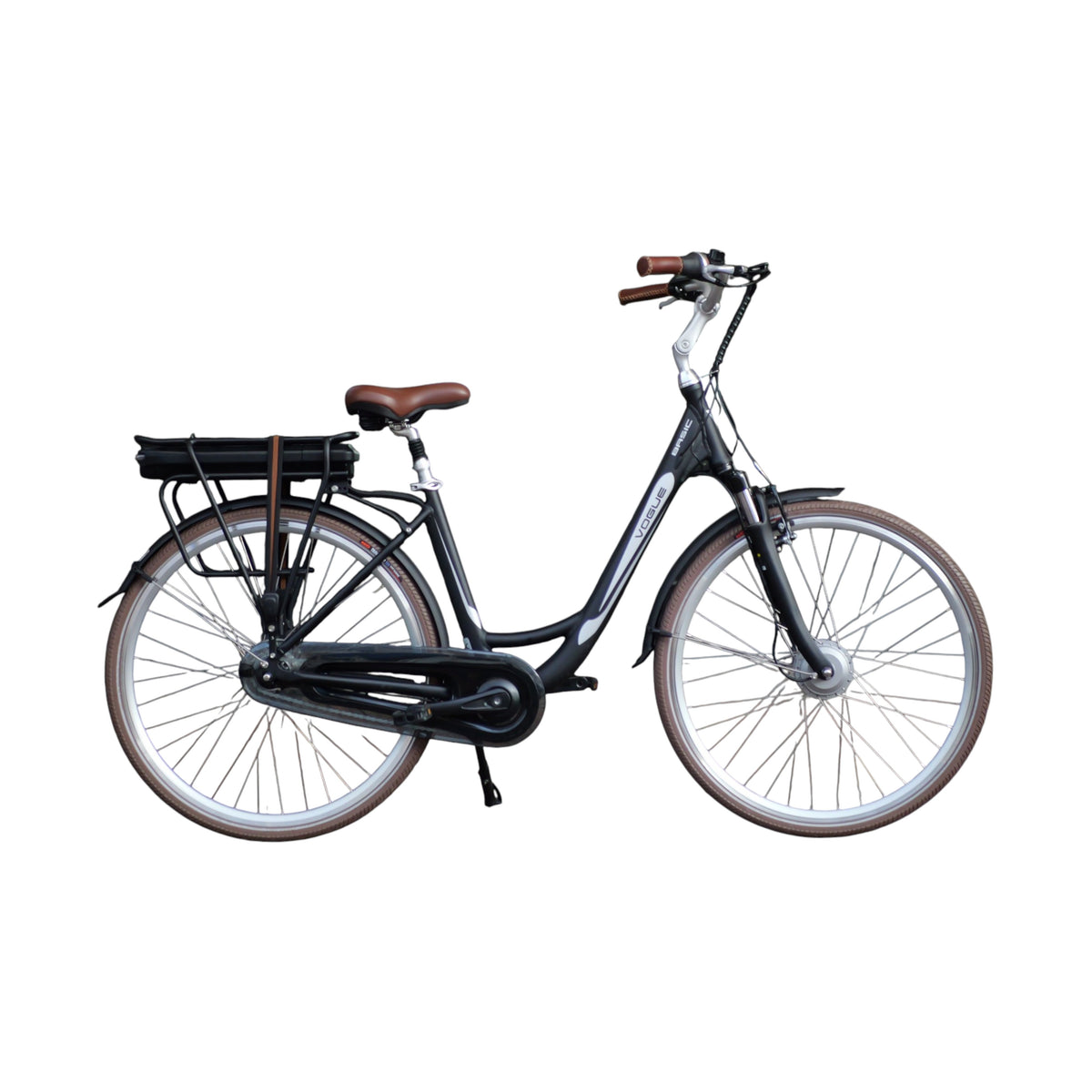 Vogue Basic N3 Elektrische Fiets - Mat Zwart met Bruine Accenten - 47 cm