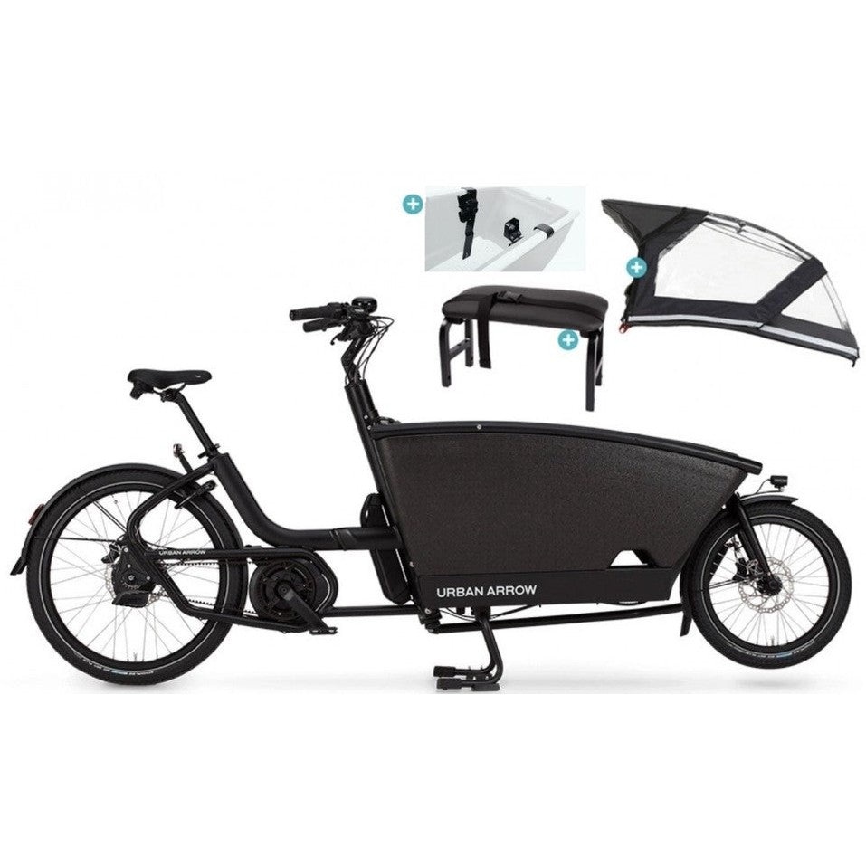 Urban Arrow Family Cargo Line 85Nm – Zwart – Elektrische Bakfiets – Enviolo Automatiq – 500Wh – Incl. Regenhuif & Extra Zitbankje