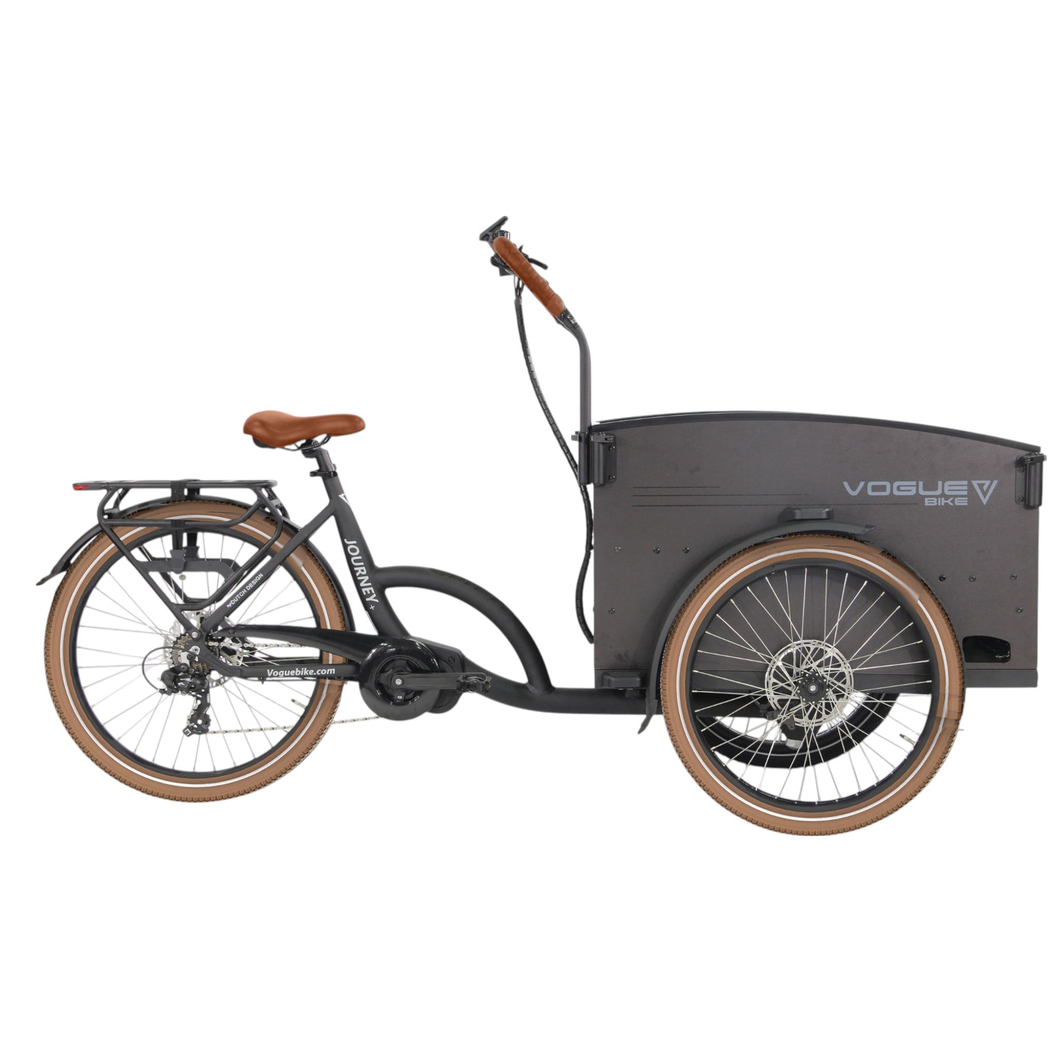 Vogue Journey Plus - Elektrische Bakfiets - Mat Zwart - Bruine Accenten - 48 cm - Accu 522Wh (36V, 14.5Ah) - Ananda Middenmotor - Shimano 7 Versnellingen - Hydraulische Remmen - AE-trading