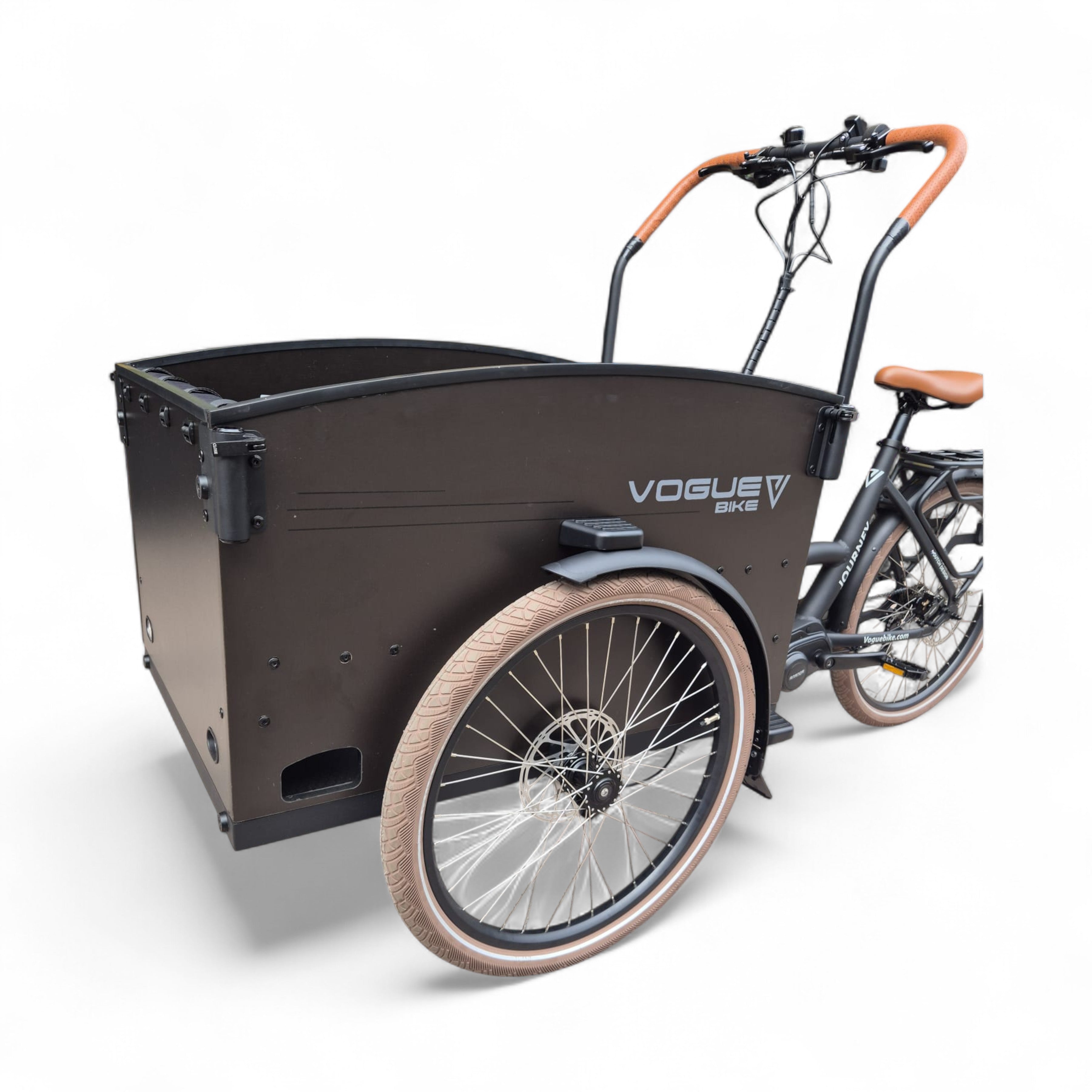 Vogue Journey Plus - Elektrische Bakfiets - Mat Zwart Bruine Accenten - 48 cm - Accu 522Wh (36V, 14.5Ah) - Ananda Middenmotor - Shimano 7 Versnellingen - Hydraulische Remmen - AE-trading