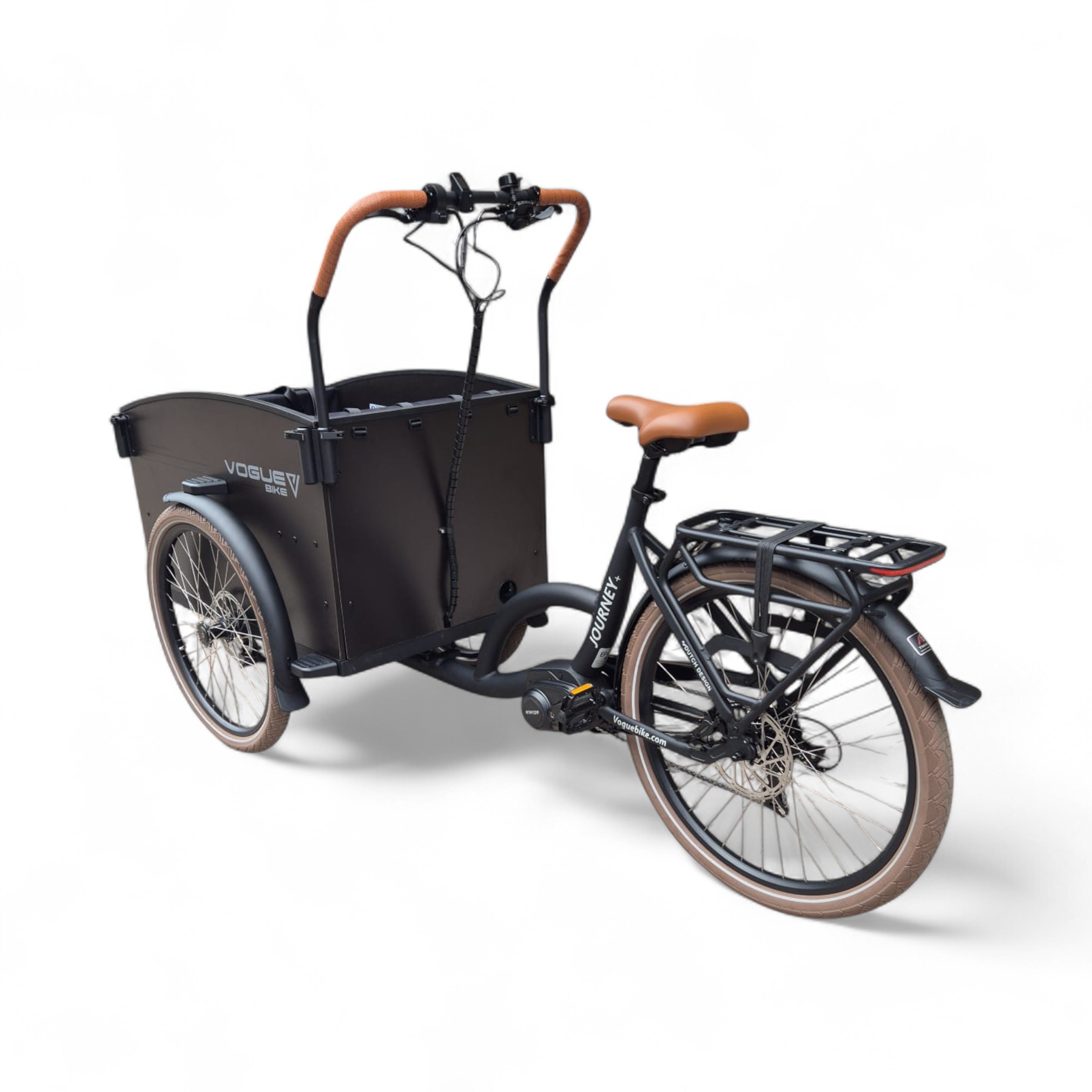 Vogue Journey Plus - Elektrische Bakfiets - Mat Zwart Bruine Accenten - 48 cm - Accu 522Wh (36V, 14.5Ah) - Ananda Middenmotor - Shimano 7 Versnellingen - Hydraulische Remmen - AE-trading