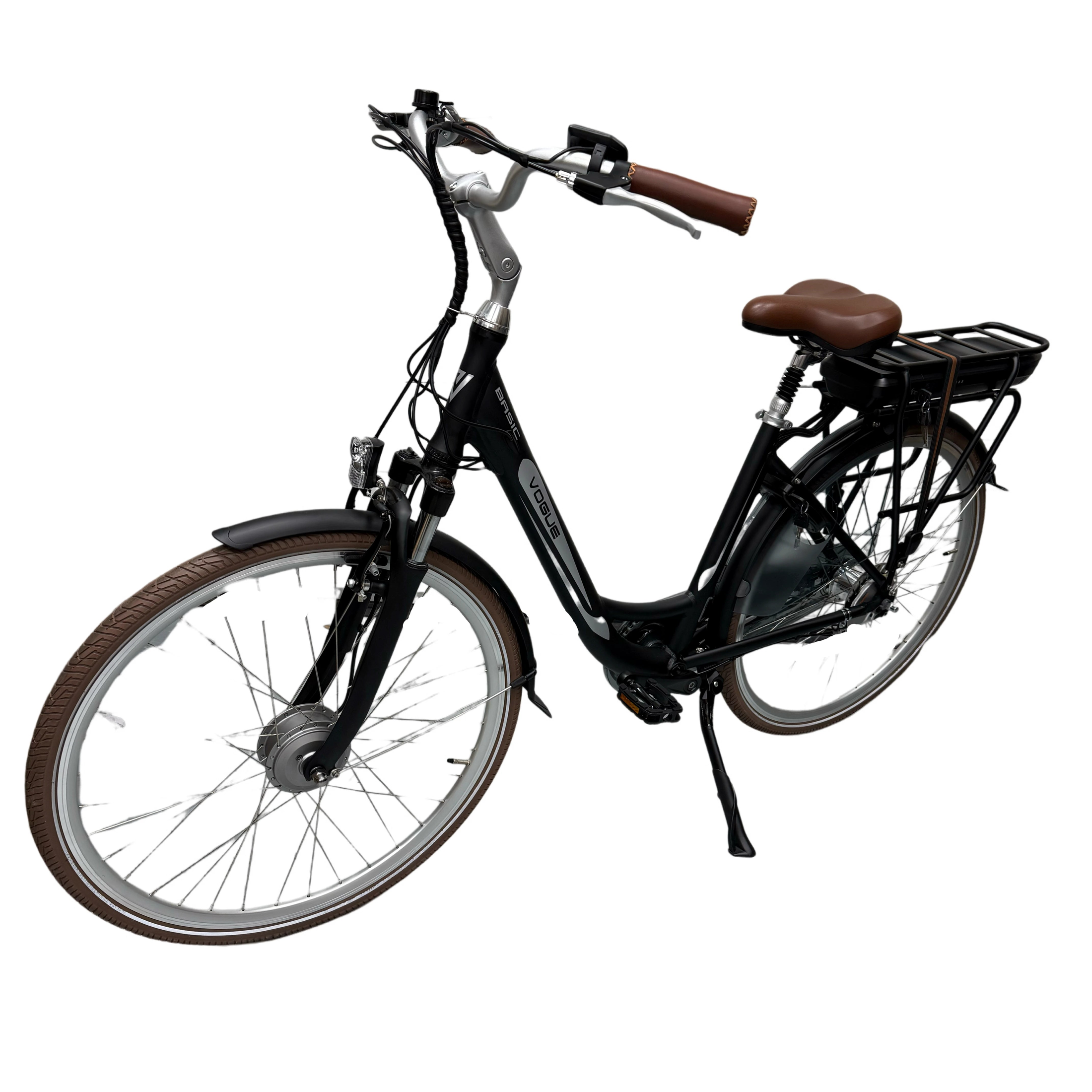 Vogue Basic N7 Elektrische Fiets Mat Zwart met Bruine Accenten 49cm – Elektrische Damesfiets met 468Wh Accu, Shimano Nexus 7 Versnellingen, Voorwielmotor & LED Verlichting – Actieradius tot 120 km - AE-trading