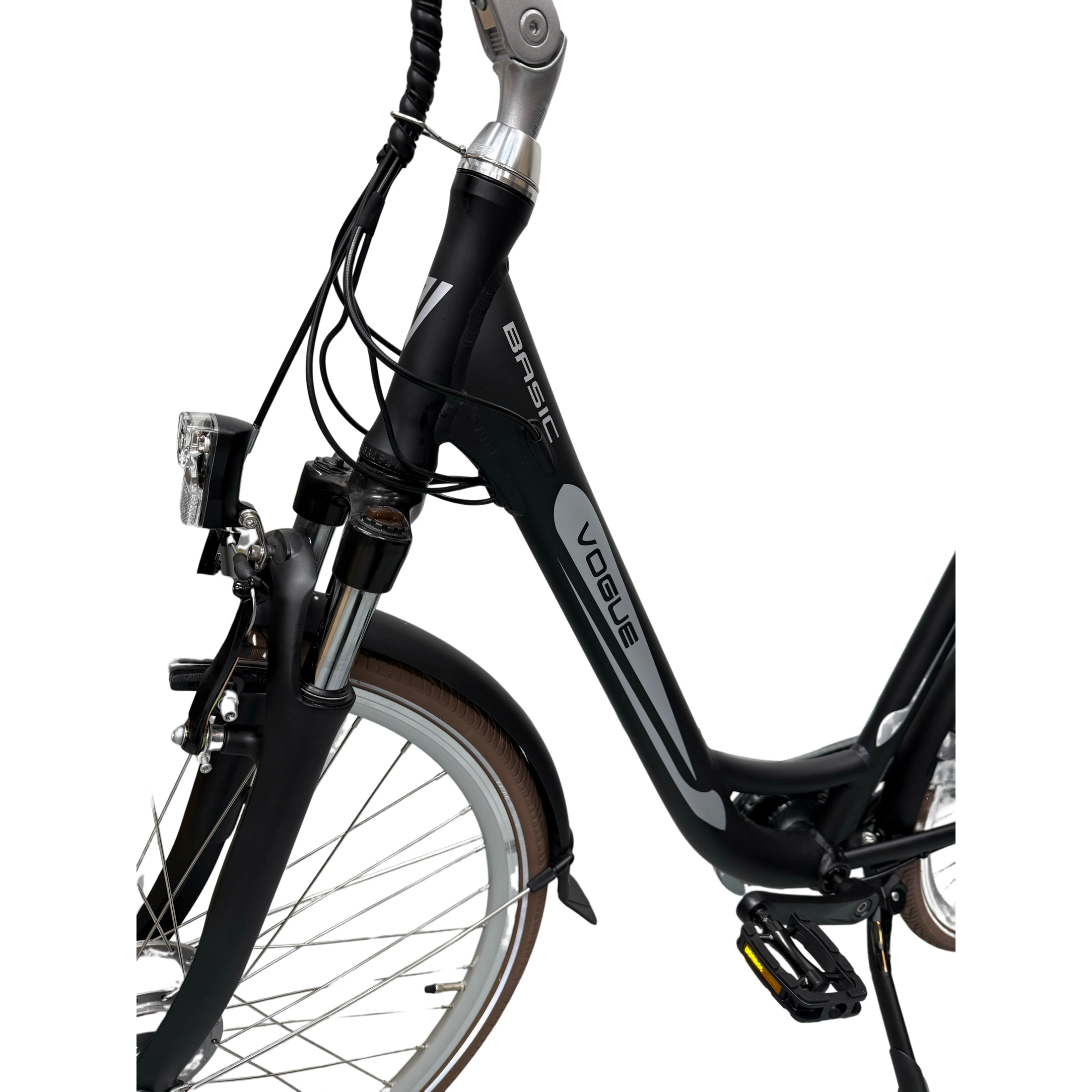 Vogue Basic N7 Elektrische Fiets Mat Zwart met Bruine Accenten 49cm – Elektrische Damesfiets met 468Wh Accu, Shimano Nexus 7 Versnellingen, Voorwielmotor & LED Verlichting – Actieradius tot 120 km - AE-trading