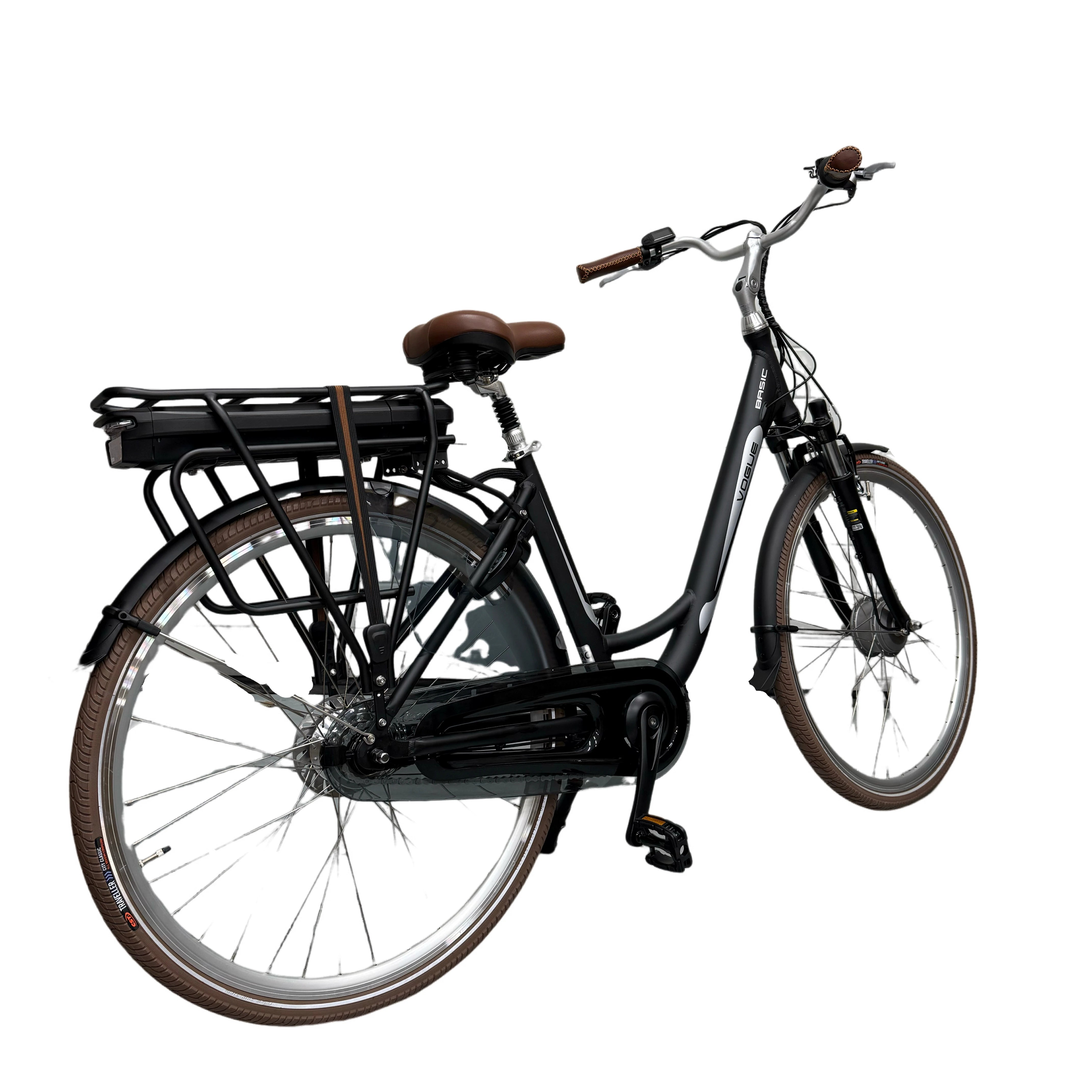 Vogue Basic N7 Elektrische Fiets Mat Zwart met Bruine Accenten 49cm – Elektrische Damesfiets met 468Wh Accu, Shimano Nexus 7 Versnellingen, Voorwielmotor & LED Verlichting – Actieradius tot 120 km - AE-trading