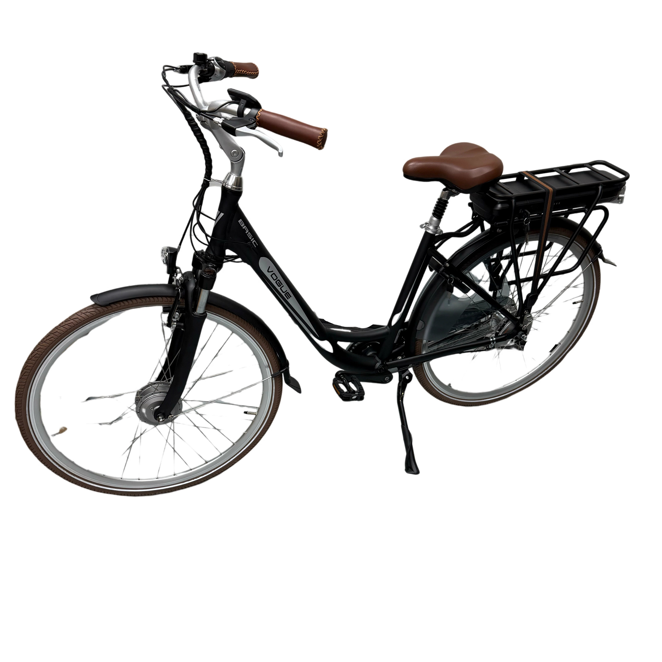Vogue Basic N7 Elektrische Fiets Mat Zwart met Bruine Accenten 49cm – Elektrische Damesfiets met 468Wh Accu, Shimano Nexus 7 Versnellingen, Voorwielmotor & LED Verlichting – Actieradius tot 120 km - AE-trading