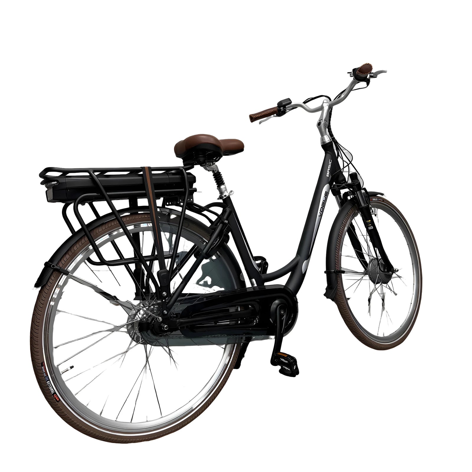 Vogue Basic N3 Elektrische Fiets - Mat Zwart met Bruine Accenten - 47 cm - AE-trading