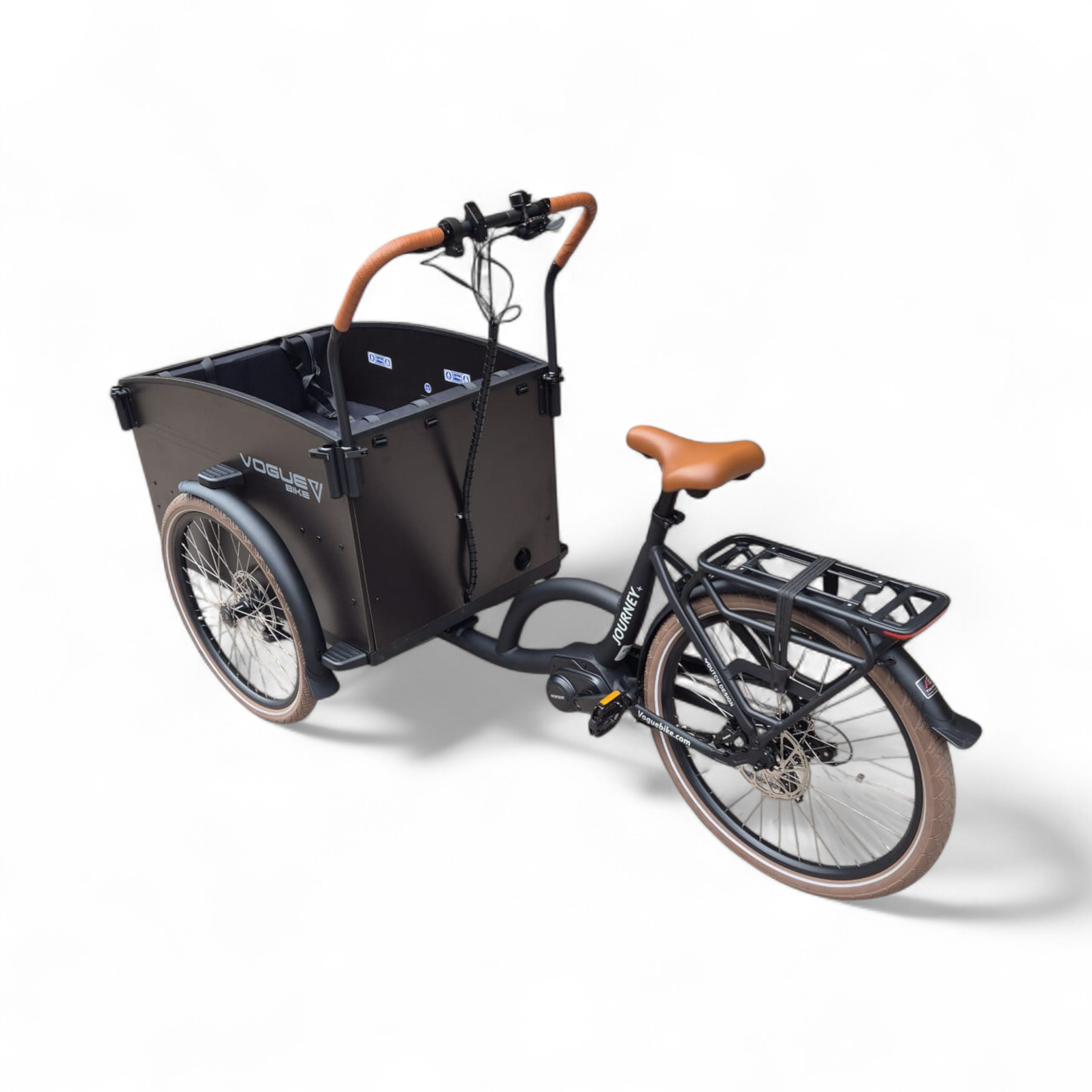 Vogue Journey Plus - Elektrische Bakfiets - Mat Zwart Bruine Accenten - 48 cm - Accu 522Wh (36V, 14.5Ah) - Ananda Middenmotor - Shimano 7 Versnellingen - Hydraulische Remmen - AE-trading