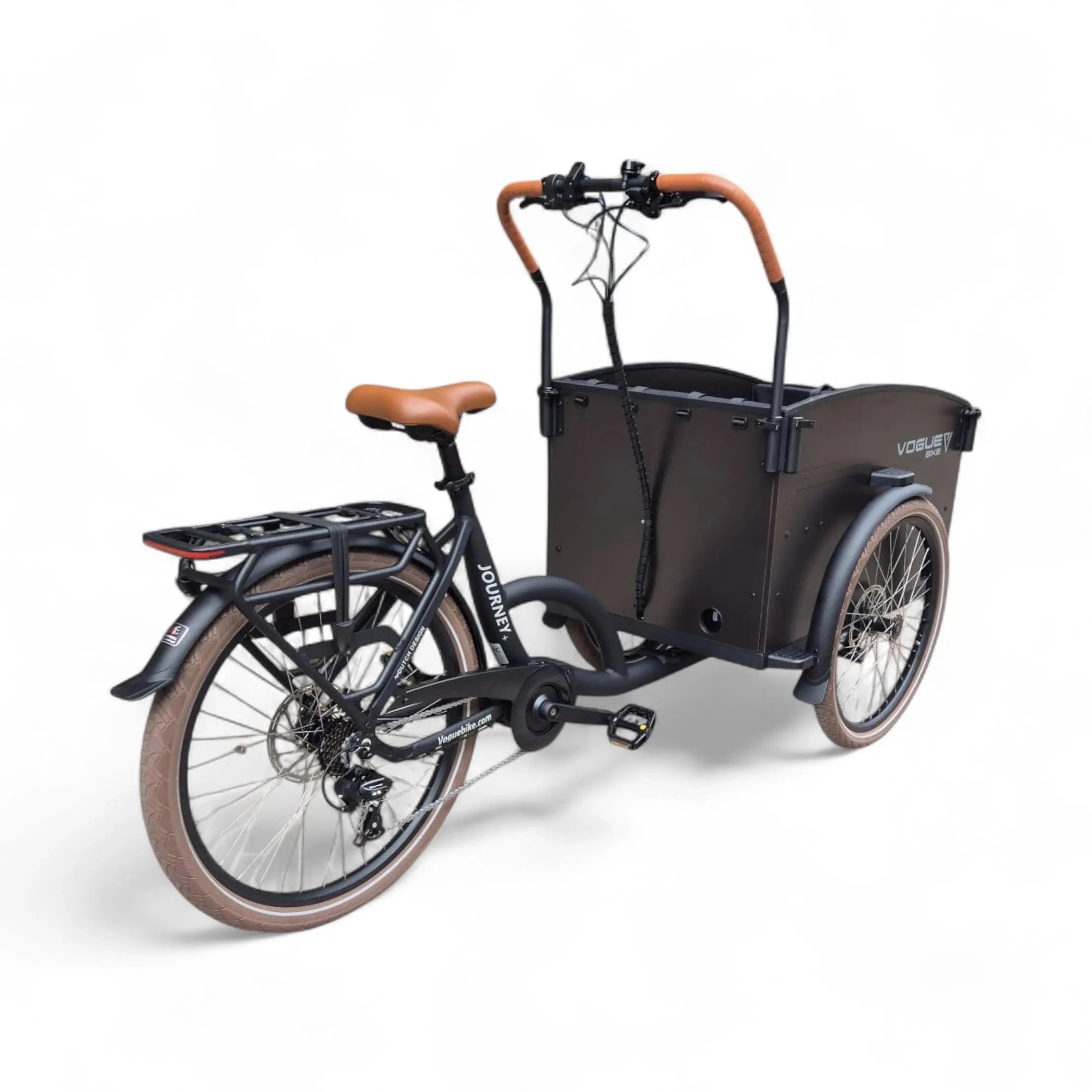 Vogue Journey Plus - Elektrische Bakfiets - Mat Zwart Bruine Accenten - 48 cm - Accu 522Wh (36V, 14.5Ah) - Ananda Middenmotor - Shimano 7 Versnellingen - Hydraulische Remmen - AE-trading