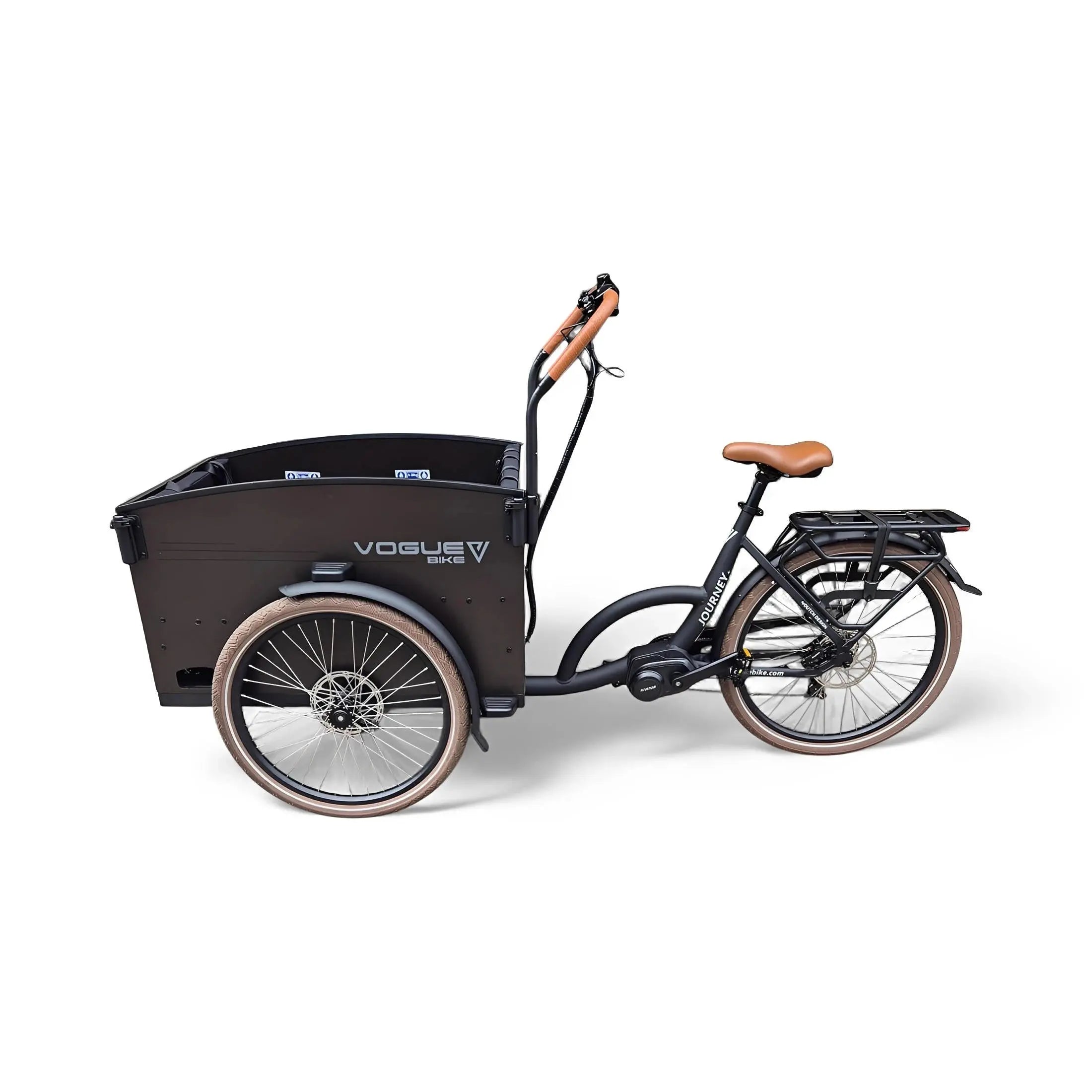Vogue Journey Plus - Elektrische Bakfiets - Mat Zwart Bruine Accenten - 48 cm - Accu 522Wh (36V, 14.5Ah) - Ananda Middenmotor - Shimano 7 Versnellingen - Hydraulische Remmen - AE-trading