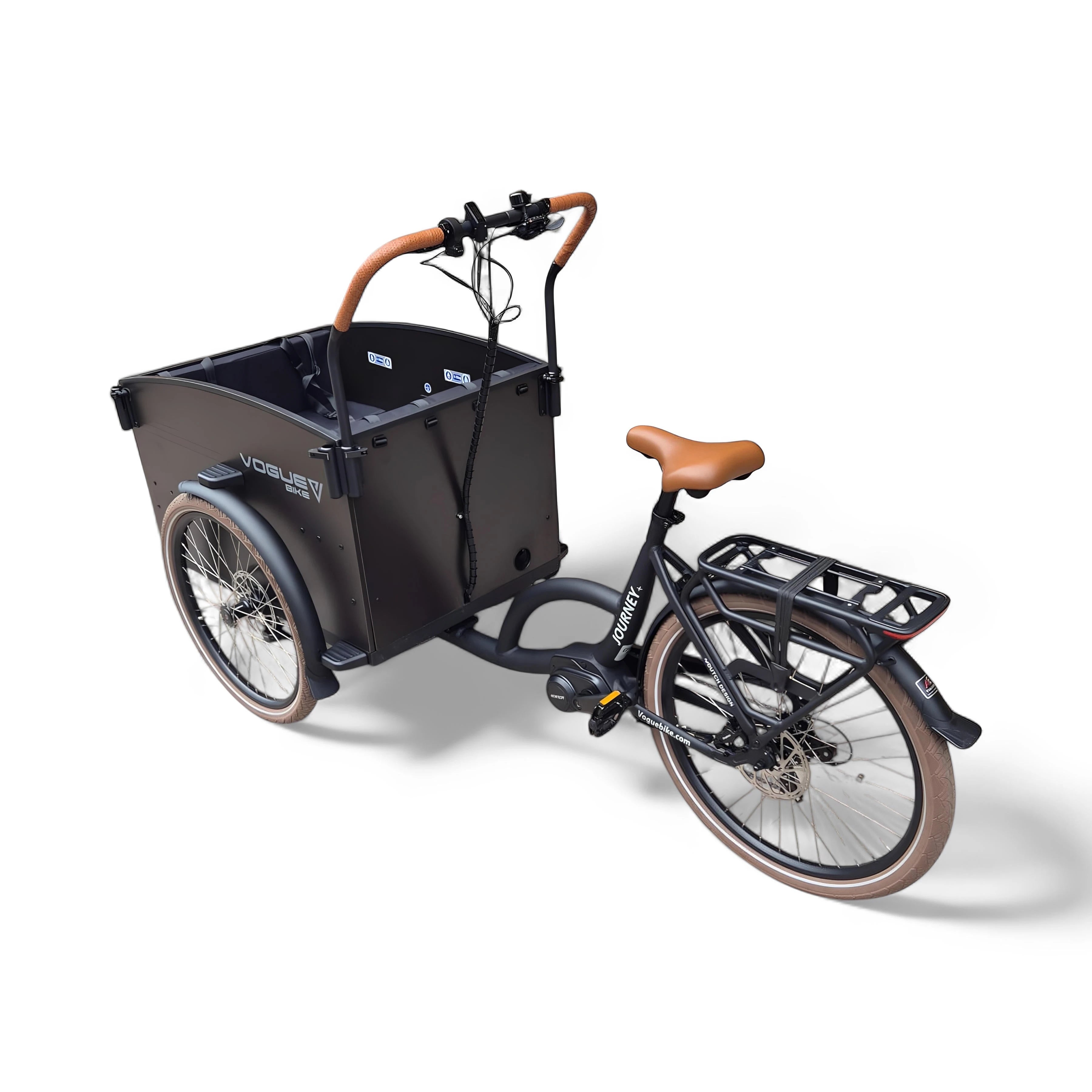 Vogue Journey Plus - Elektrische Bakfiets - Mat Zwart Bruine Accenten - 48 cm - Accu 522Wh (36V, 14.5Ah) - Ananda Middenmotor - Shimano 7 Versnellingen - Hydraulische Remmen - AE-trading