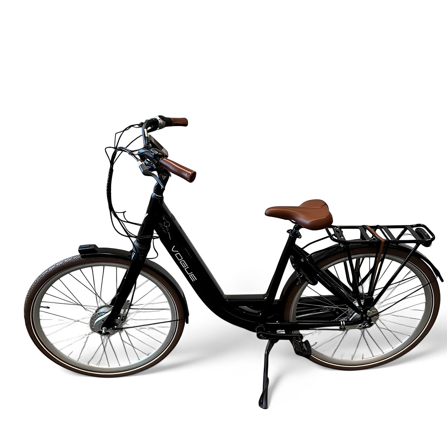 Vogue Mestengo Voorwielmotor Elektrische Fiets Glans Zwart met Bruine Accenten - 51cm - AE-trading