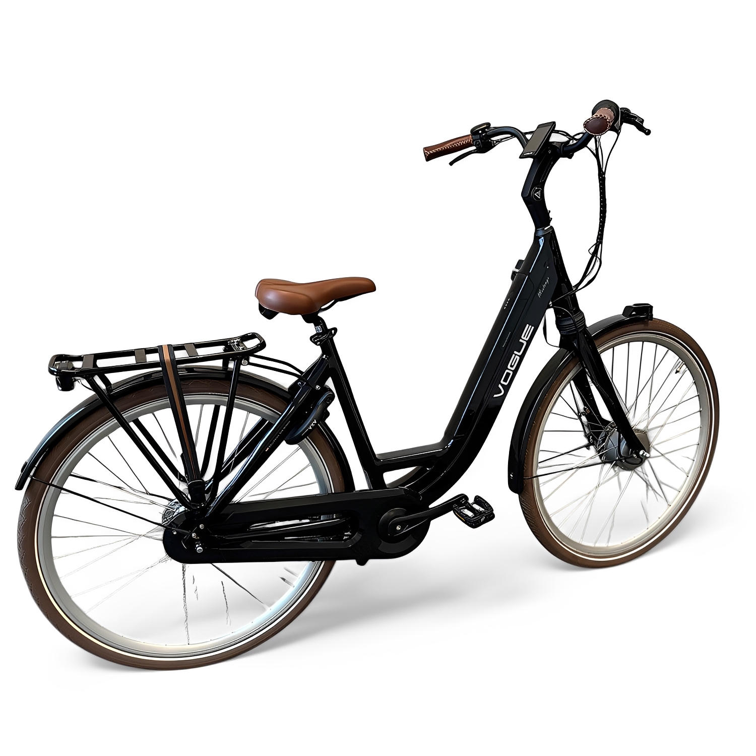 Vogue Mestengo Voorwielmotor Elektrische Fiets Glans Zwart met Bruine Accenten - 51cm - AE-trading