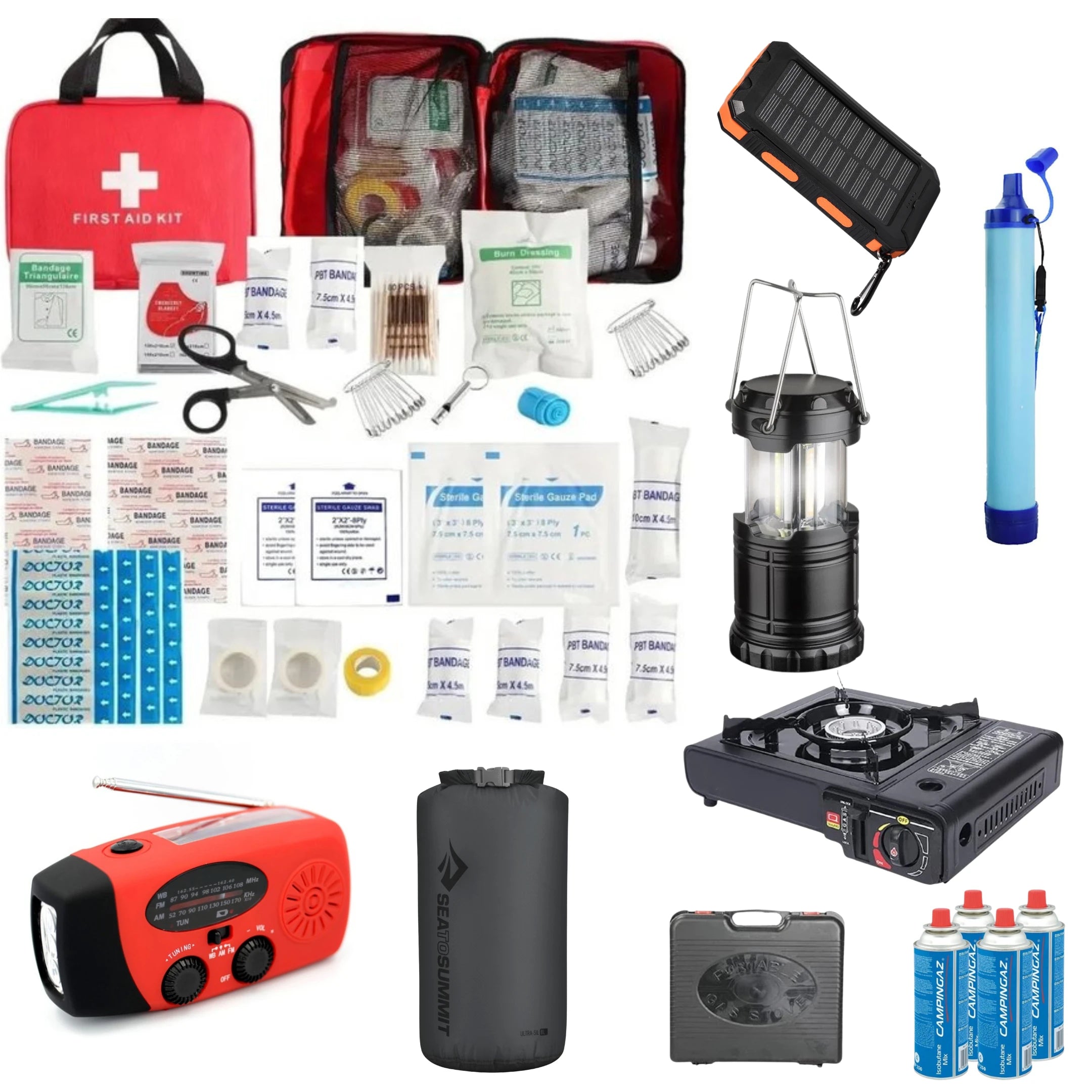 Noodpakket Compleet - Waterfilter - Opbergzak - Solar Powerbank - Gasfornuis - Nood Radio - EHBO-kit - Isolatiedeken - AE-trading