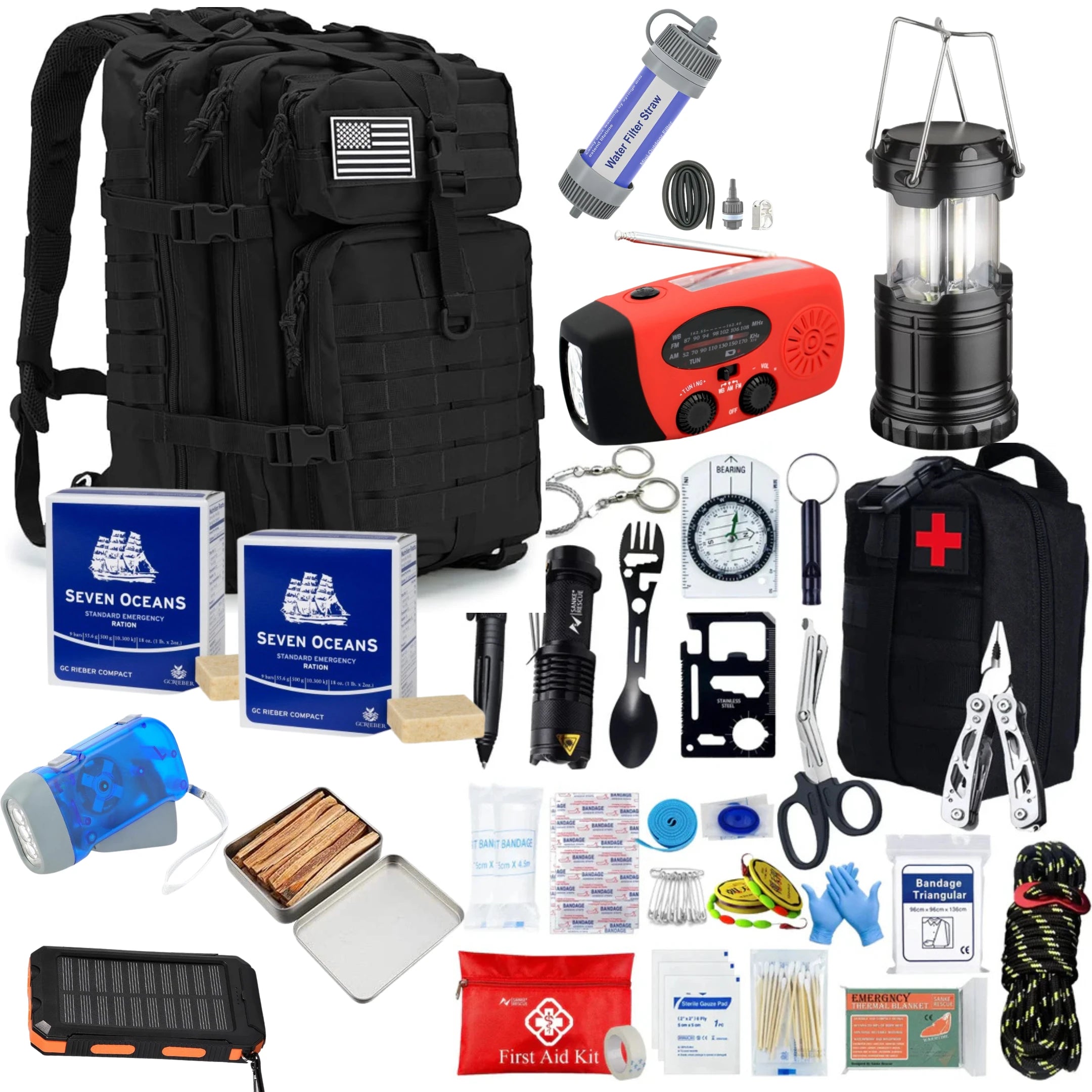 Noodrugzak Compleet Noodpakket Oorlog Rampsituatie - Zwart - Noodrantsoen - Waterfilter - Noodradio - EHBO-kit - Powerbank - Black Out Solar - AE-trading