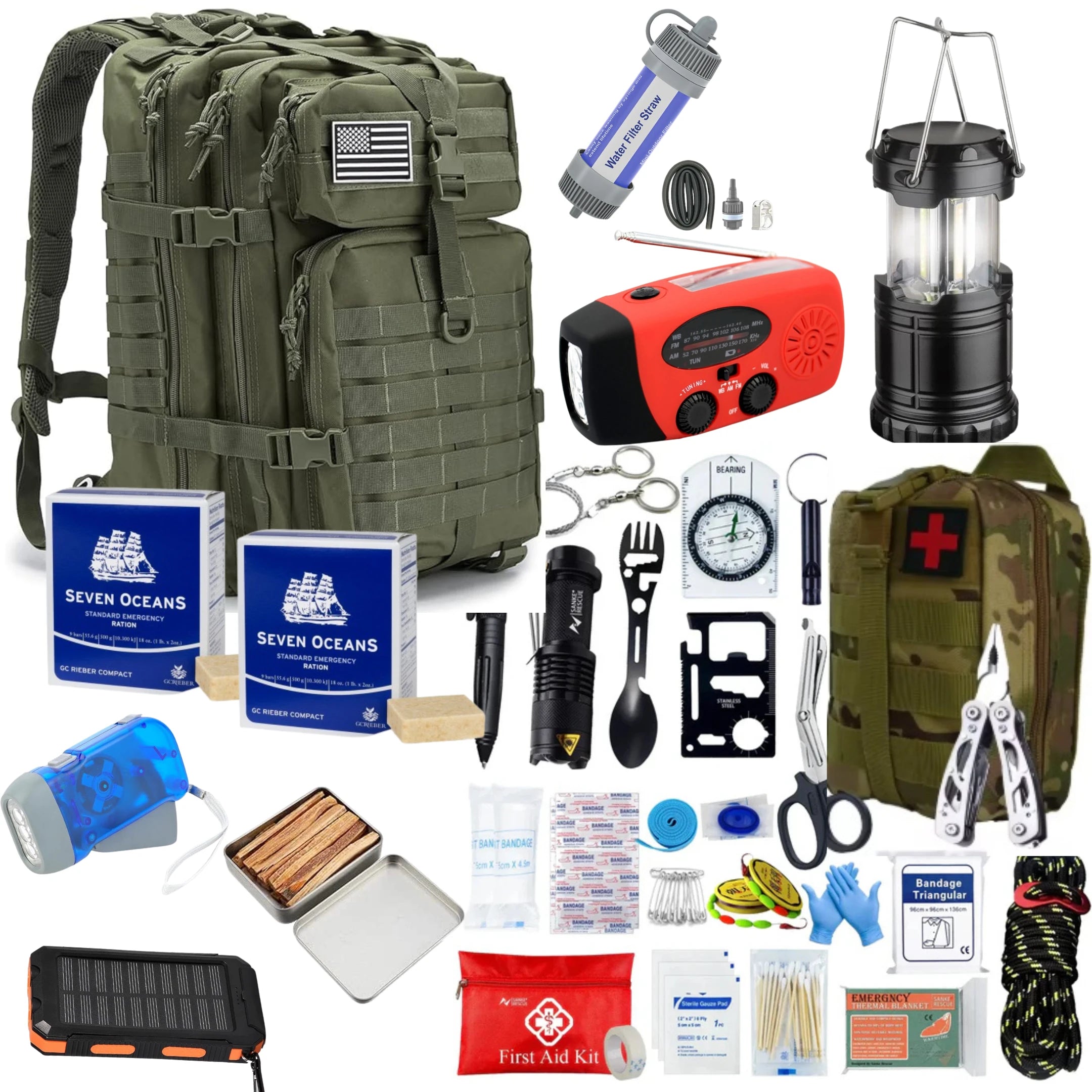 Noodrugzak Compleet Noodpakket Oorlog Rampsituatie - Groen - Noodrantsoen - Waterfilter - Noodradio - EHBO-kit - Powerbank - Black Out Solar - AE-trading