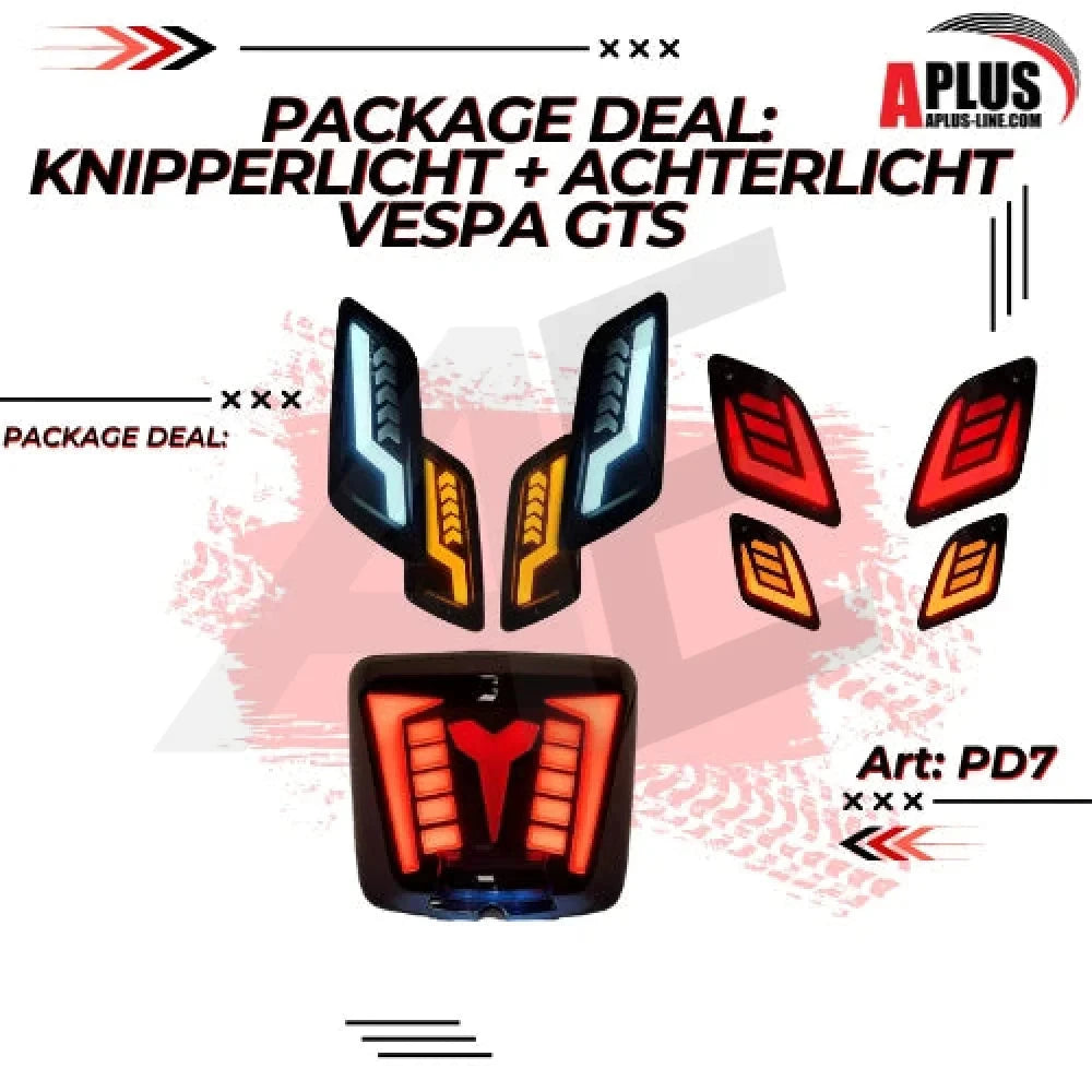 Package Deal 1 X Knipperlichtset Moving Dagrij Voorzijde Passend Op Vespa Gts + 1 X Knipperlichtset Moving Dagrij Achterzijde Passend Op Vespa Gts + 1 X Achterlicht Alpha Styling Led/Tube Passend Op Vespa Gts (5968+5969+6403) AE-trading